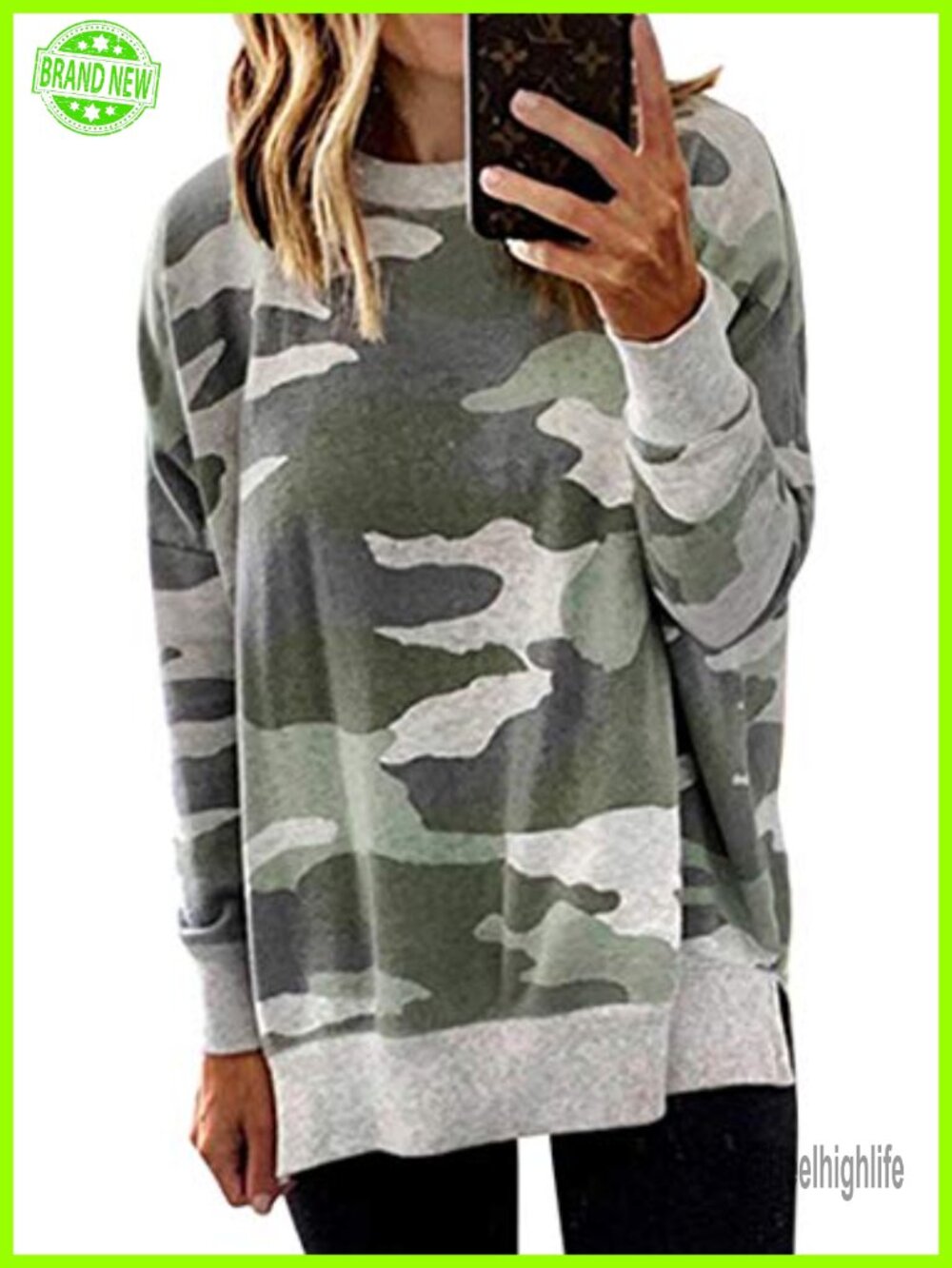Women Oversized Camo Crewneck Sweatshirt Side Slit Pullover Top